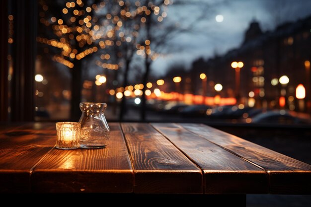 Un tavolo di legno aspetta in mezzo alle luci bokeh. Il fascino del caffè si fonde con il vuoto sereno.