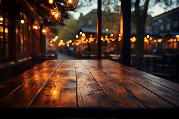 Un tavolo di legno aspetta in mezzo alle luci bokeh. Il fascino del caffè si fonde con il vuoto sereno.