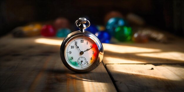 Un tavolo di legno bianco chiaro con un orologio da tasca colorato seduto sopra