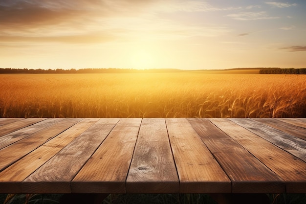 un tavolo di legno che è posto davanti ad un campo di grano