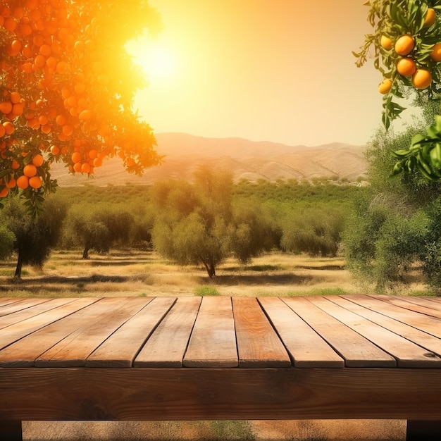 Un tavolo di legno con alberi di arancio sullo sfondo