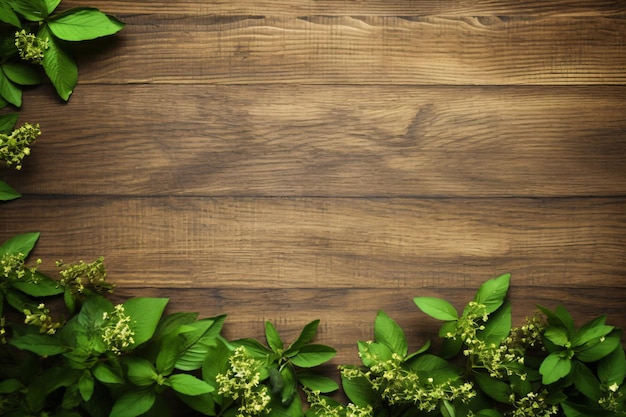 Un tavolo di legno con fiori e foglie sopra