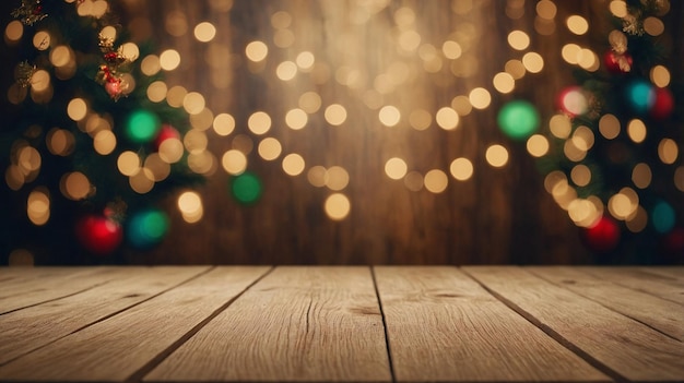 un tavolo di legno con luci di Natale su di esso