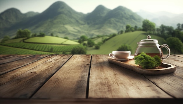 Un tavolo di legno con sopra un piatto di cibo e una tazza di caffè.