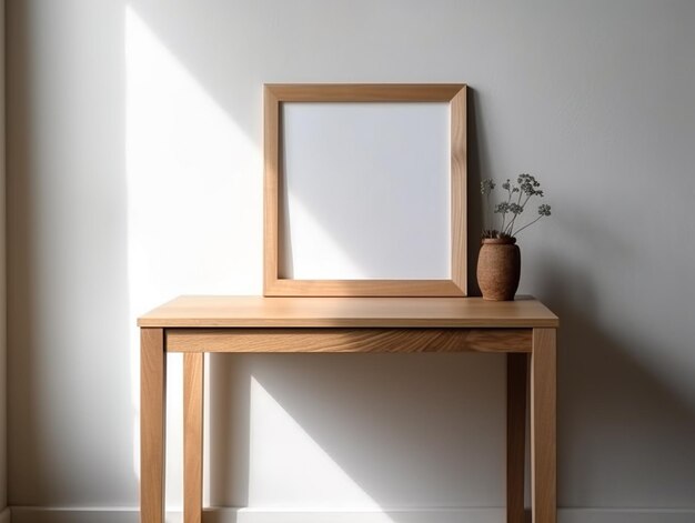 Un tavolo di legno con sopra un vaso e una cornice.