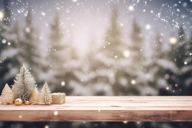 Un tavolo di legno con un albero coperto di neve e un piccolo albero di Natale su di esso.