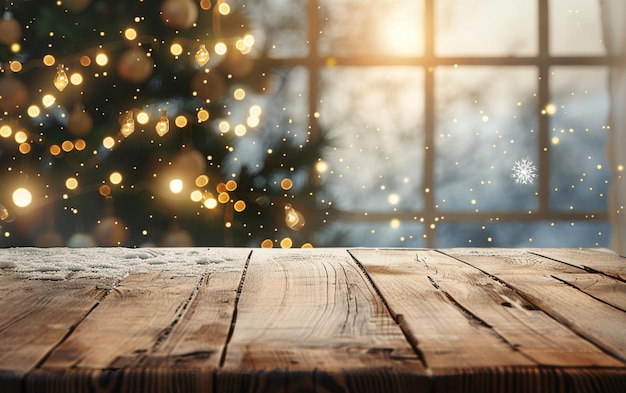 un tavolo di legno con un albero di Natale sullo sfondo
