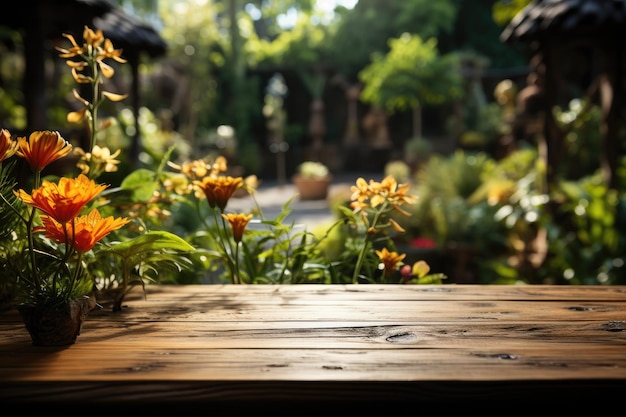 Un tavolo di legno con un giardino sullo sfondo