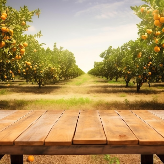 Un tavolo di legno con un'immagine di aranci sullo sfondo.