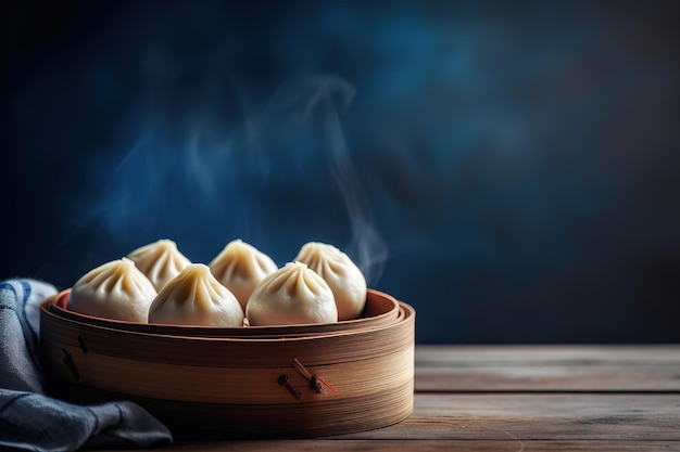 Un tavolo di legno con un piroscafo di bambù pieno di gnocchi con il fumo che sale dall'alto.