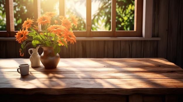 Un tavolo di legno con un vaso di fiori su di esso