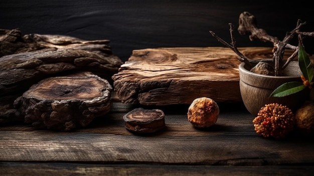 Un tavolo di legno con una tazza di cioccolatini e un ceppo di legno con una pianta al centro.