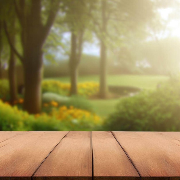 Un tavolo di legno con uno sfondo di fiori