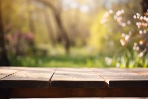 Un tavolo di legno con uno sfondo sfocato di un giardino sullo sfondo