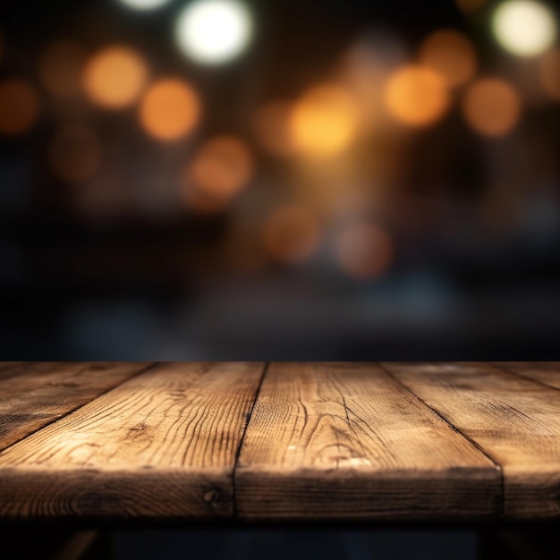 un tavolo di legno con uno sfondo sfocato e uno sfondo sfocato.