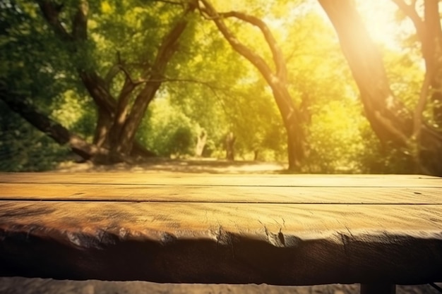 Un tavolo di legno davanti a una foresta con sfondo di luce solare