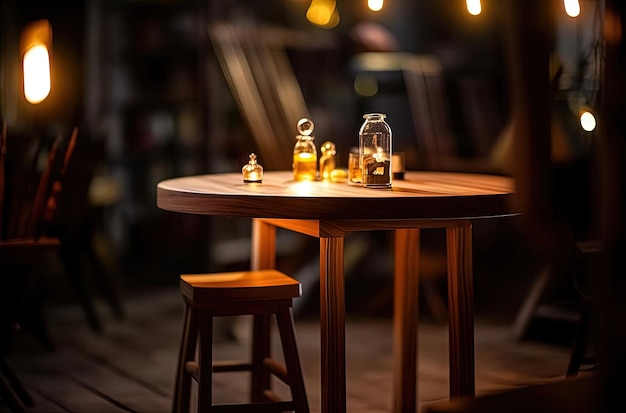 un tavolo di legno in un ambiente scuro nello stile di lightfocused