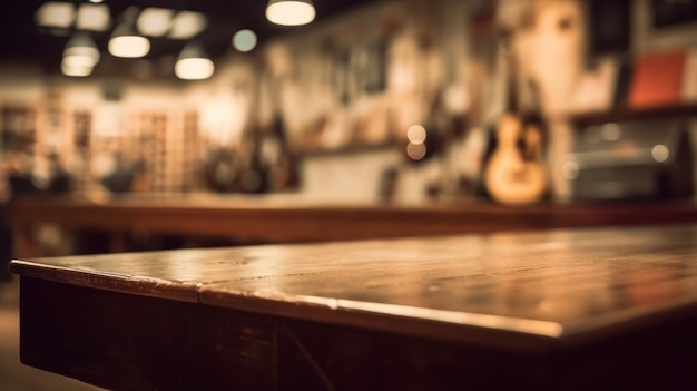 Un tavolo di legno in un bar con una chitarra in sottofondo