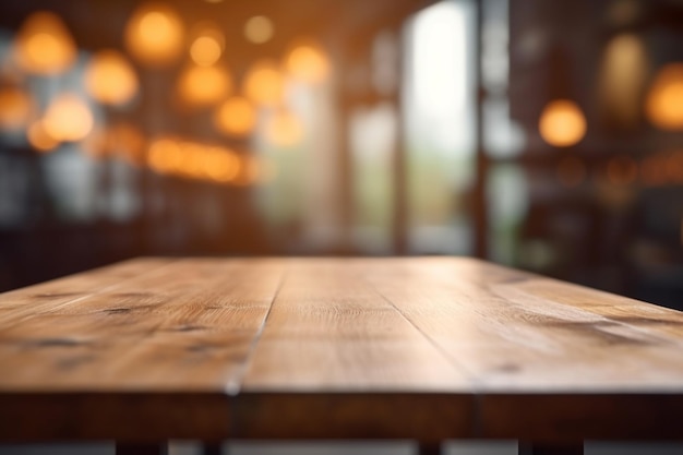 Un tavolo di legno in un ristorante con uno sfondo sfocato.