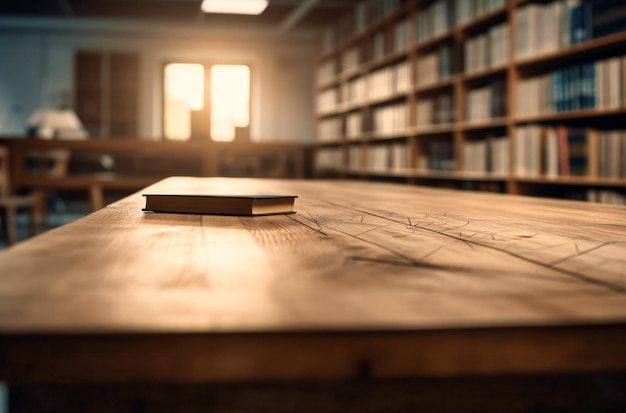 Un tavolo di legno in una biblioteca con libri