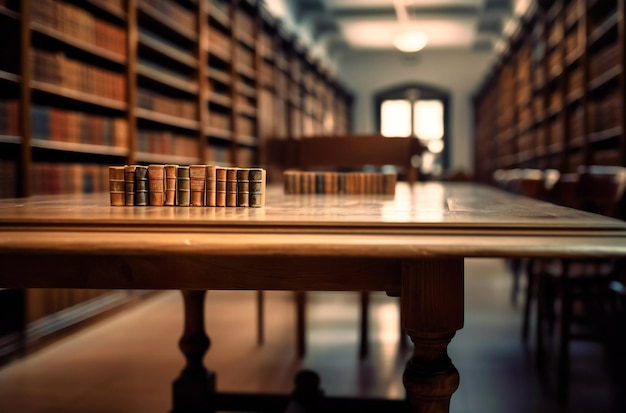 Un tavolo di legno in una biblioteca con libri