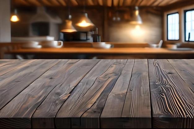 Un tavolo di legno in una cucina con una luce accesa