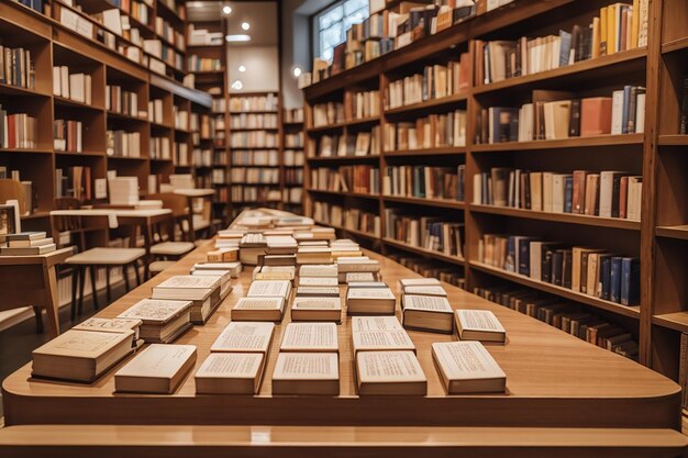 Un tavolo di legno in una libreria con file di libri e letteratura