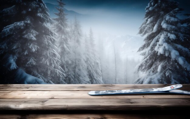 Un tavolo di legno innevato con un paesaggio innevato sullo sfondo