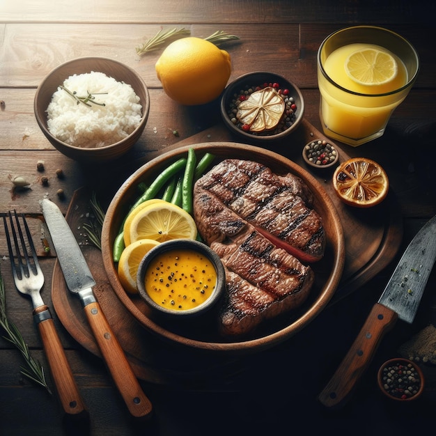 Un tavolo di legno pieno di bistecca con salsa di peperoncino nero in un ristorante