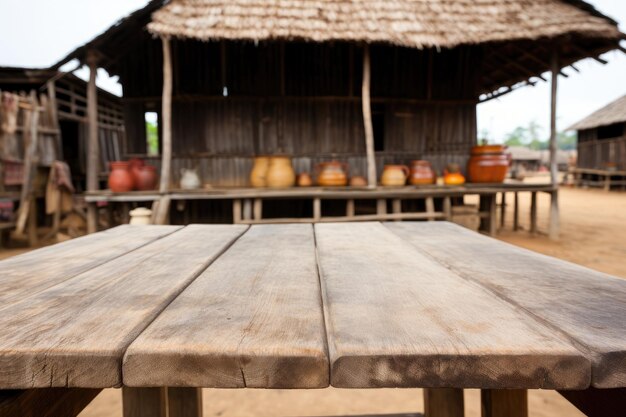 Un tavolo di legno rustico con sfondo di giungla sfocato nell'immagine aig30 Generative AI