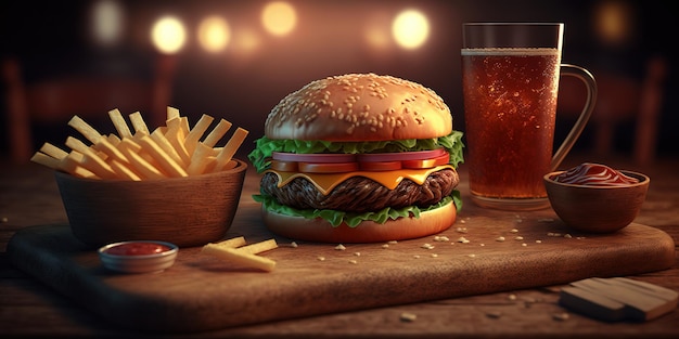 un tavolo di legno si riempie di pollo amico hamburger e patatine fritte su sfondo sfocato