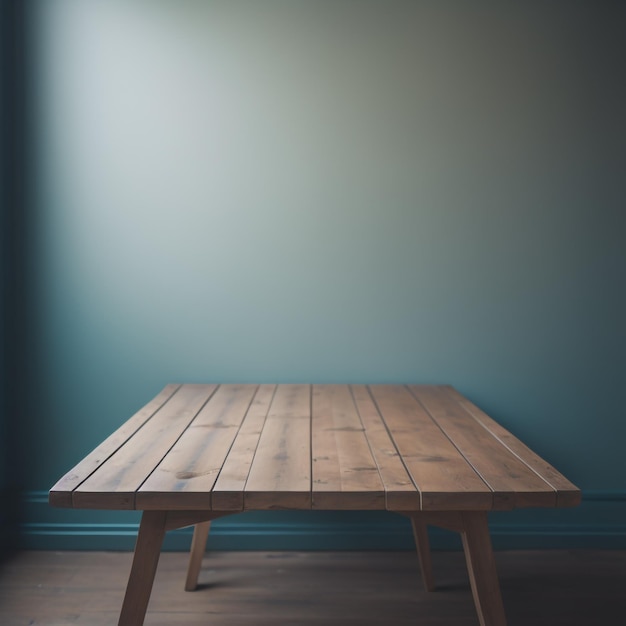 Un tavolo di legno si trova in una stanza con una parete blu dietro.
