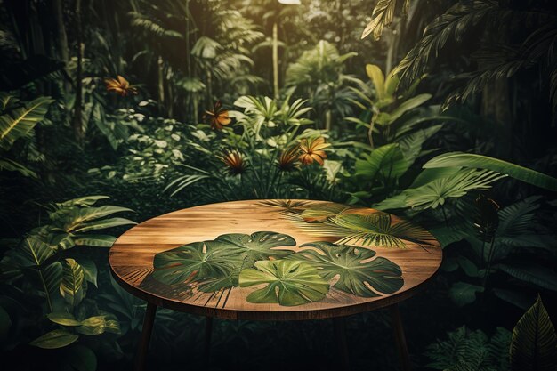 un tavolo di legno su cui è scolpita un'immagine di foglie
