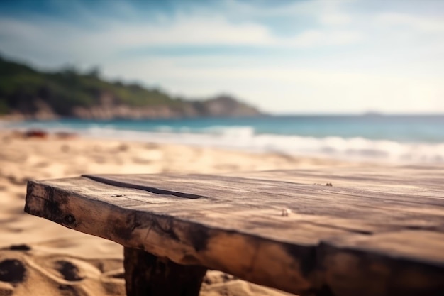 Un tavolo di legno su una spiaggia con una spiaggia sullo sfondo