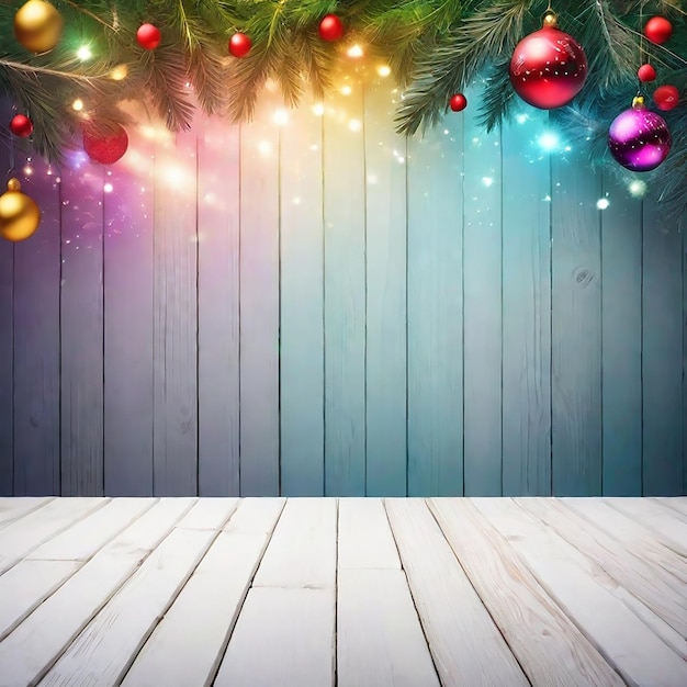 Un tavolo di legno vuoto con uno sfondo natalizio scintillante generato dall'AI