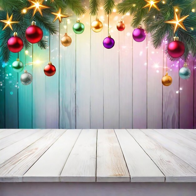 Un tavolo di legno vuoto con uno sfondo natalizio scintillante generato dall'AI