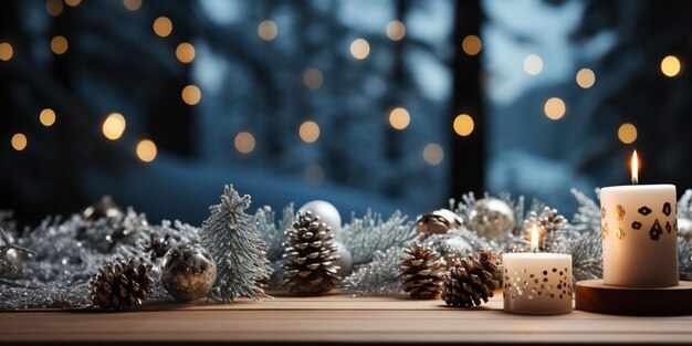 Un tavolo di legno vuoto in primo piano un albero di Natale e regali come sfondo