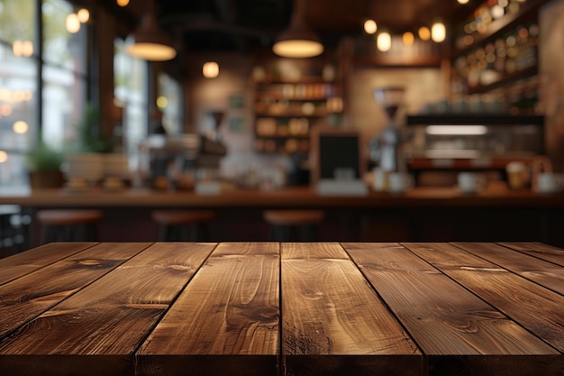 Un tavolo di legno vuoto in un caffè con uno sfondo sfocato