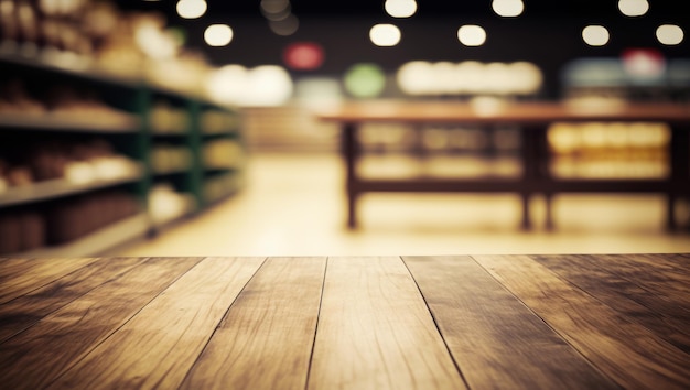 Un tavolo di legno vuoto in un negozio di alimentari IA generativa