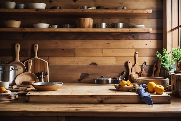 Un tavolo di legno vuoto in una cucina rustica perfetto per mostrare utensili da cucina