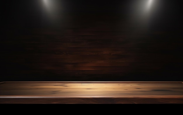 Un tavolo di legno vuoto per la presentazione con uno sfondo scuro e un'illuminazione ad incasso isolata