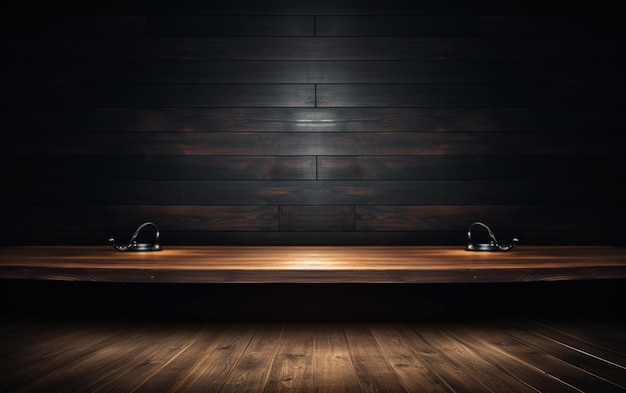 Un tavolo di legno vuoto per la presentazione con uno sfondo scuro e un'illuminazione ad incasso isolata