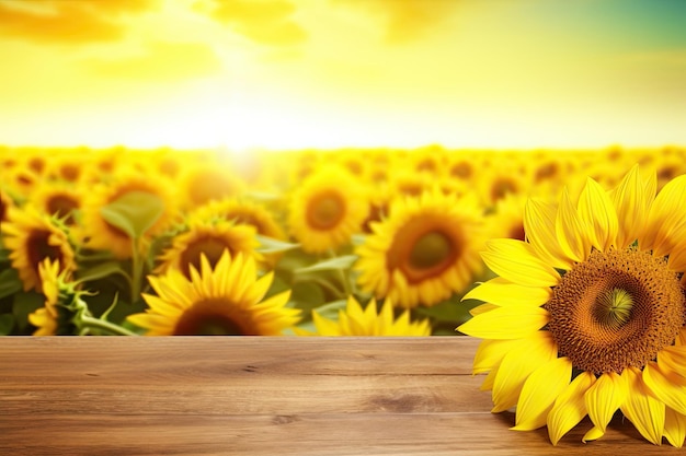 Un tavolo di legno vuoto si trova in mezzo a un campo di girasoli IA generativa