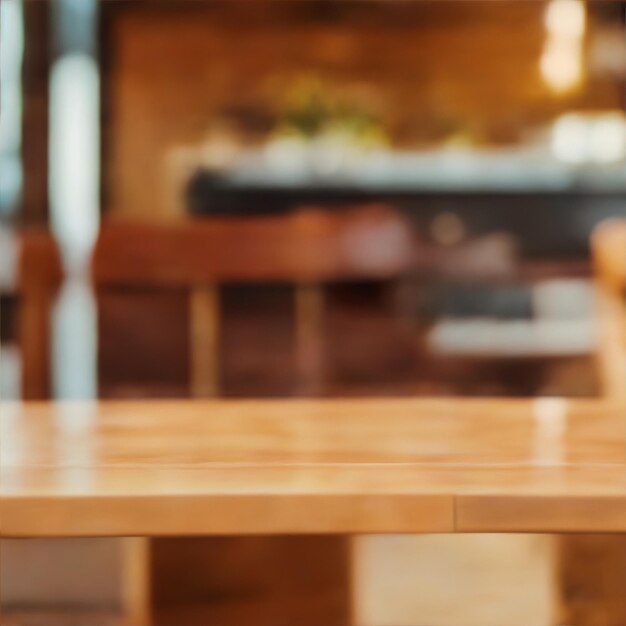 Un tavolo di legno vuoto su sfondo sfocato astratto può essere utilizzato per visualizzare i tuoi prodotti