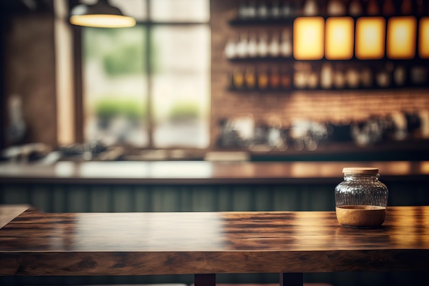 Un tavolo di legno vuoto su uno sfondo nebbioso di un ristorante e di un caffè