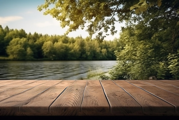 Un tavolo di legno vuoto sul bordo di un lago