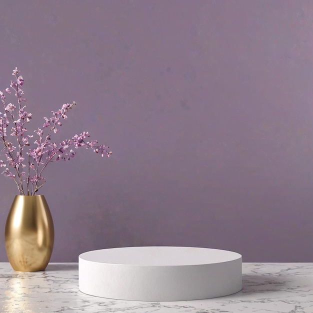un tavolo di marmo bianco con un vaso d'oro e una parete viola