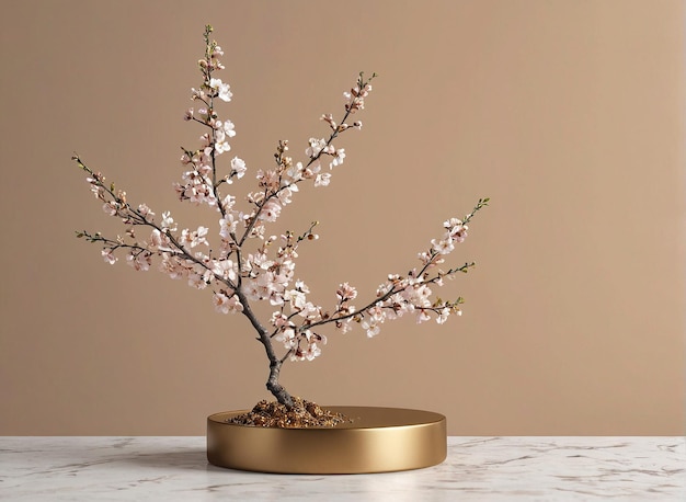 un tavolo di marmo bianco con una base d'oro e un albero di fiori di ciliegio bianco