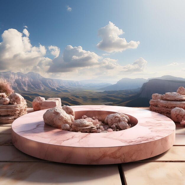 un tavolo di pietra rosa con una pietra rosa al centro