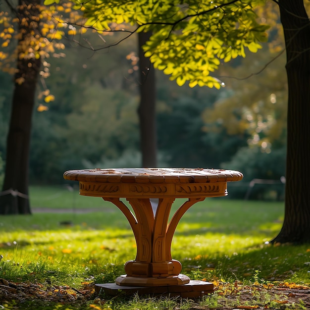 un tavolo di podio in legno in un parco